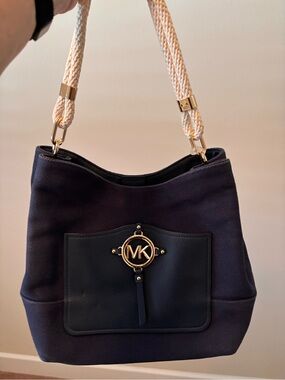 Michael Kors Navy Canvas Shoulder Bag with Cream Rope Strap